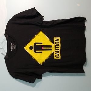 Bluenotes black short sleeve shirt with caution graphic, 100% cotton GUC large